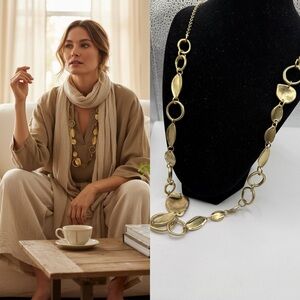 Chico’s Gold Tone Link Necklace Matte Brushed Chain Statement Necklace